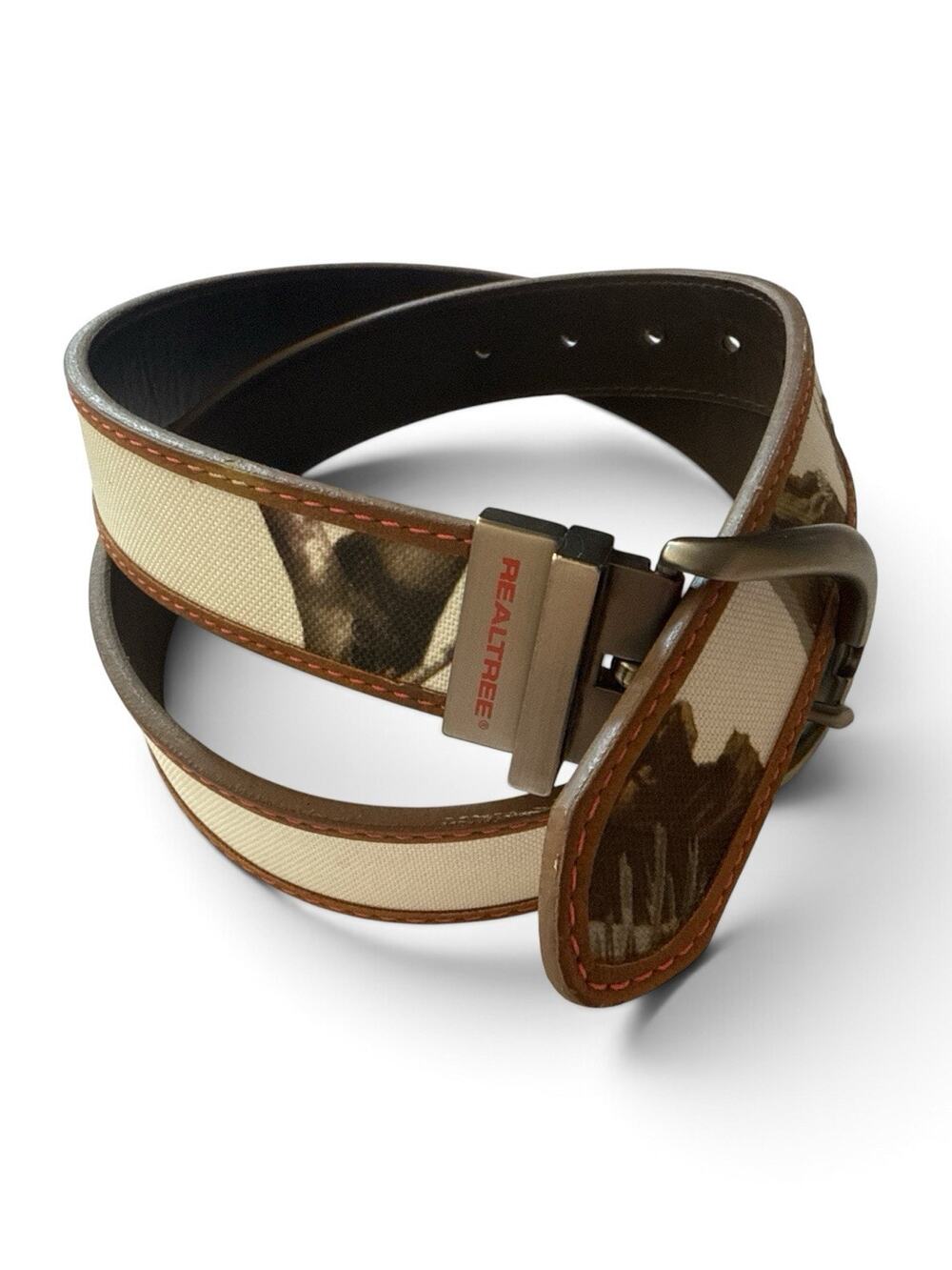 Realtree Belt Reversible Brown Leather White Camouflage Brush Nickel Buckle M/L